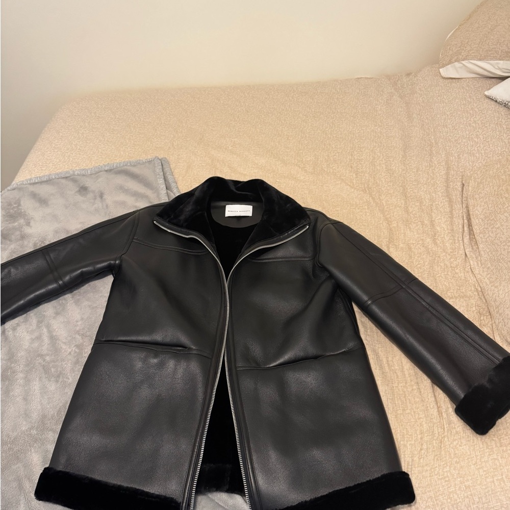 Rebecca Minkoff Black Leather Jacket with Fur Trim